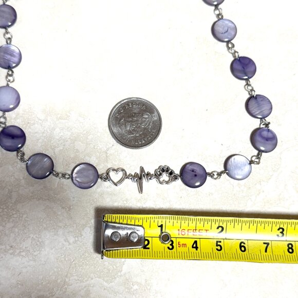Purple Mother of Pearl Beaded Short Necklace + Paw Print Heart Beat Pendant - Picture 12 of 13